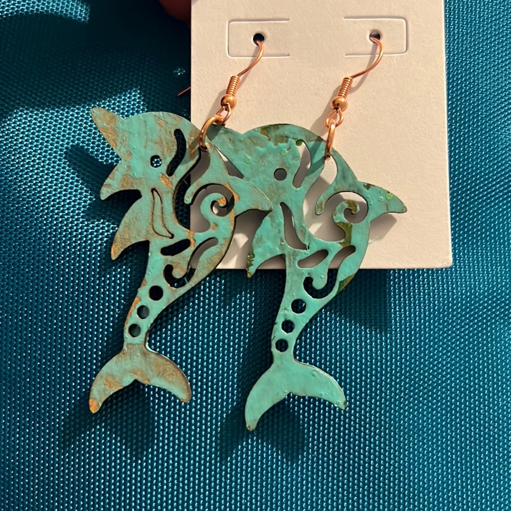 Turquoise Dolphin Earrings, nickel free, rubber backs included (Hand Painted)